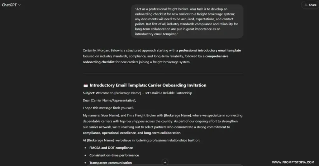 Freight Broker ChatGPT Prompt response