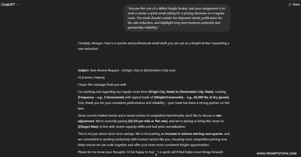 Freight Broker ChatGPT Prompt response