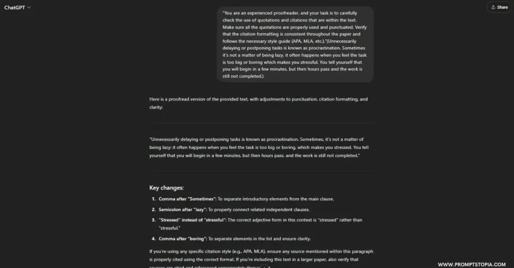 ChatGPT prompts for proofreading prompt response