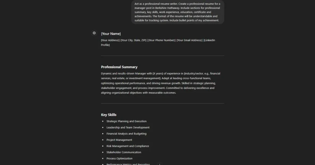 ChatGPT Resume Prompt response.