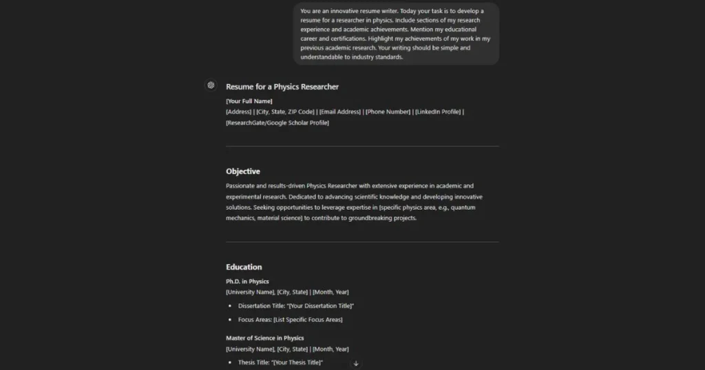ChatGPT Resume Prompt response.