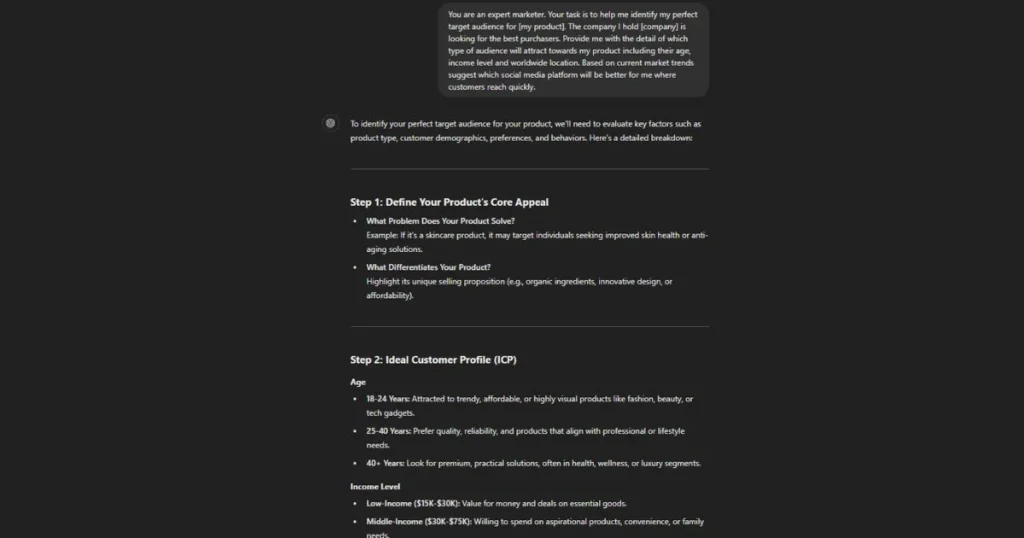 ChatGPT for marketing analysis prompt response