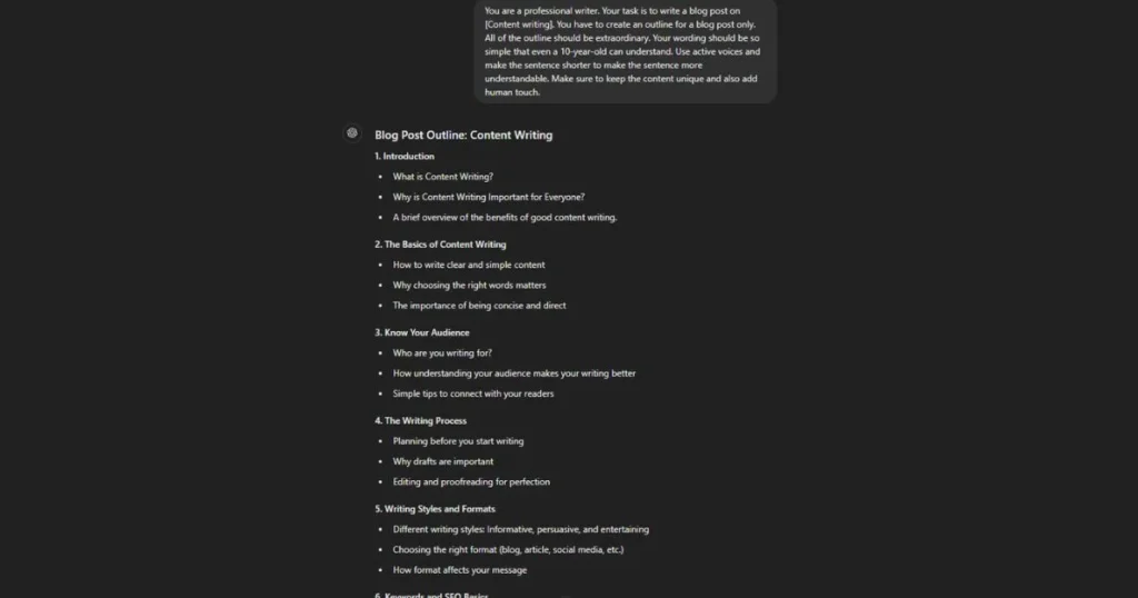 ChatGPT prompts for content writing prompt response